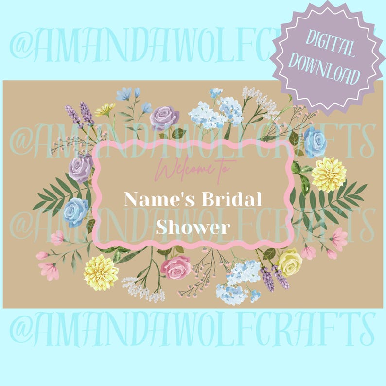 Peut inclure: Une invitation num&eacute;rique pour une f&ecirc;te pr&eacute;nuptiale avec un motif floral. L'invitation pr&eacute;sente un cadre rose avec les mots "Welcome to Name's Bridal Shower". Le design comprend des roses, des hortensias et d'autres fleurs dans des tons de rose, bleu et jaune.