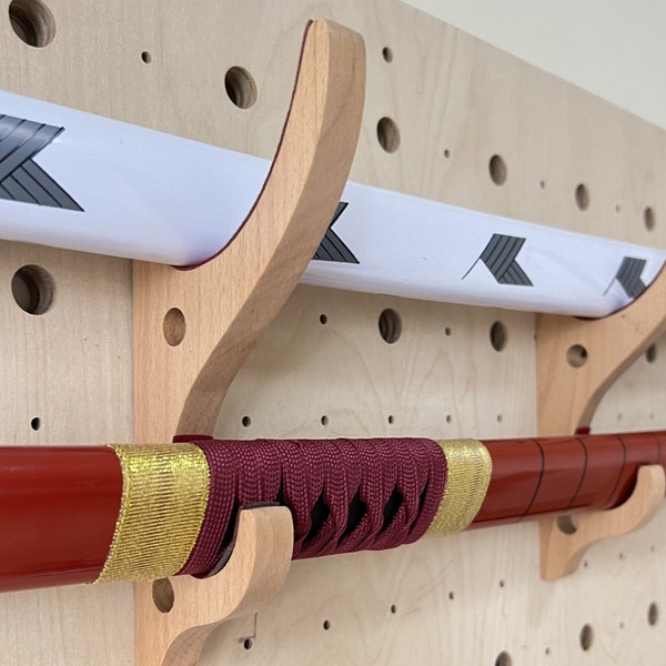 Adjustable  Wood Minimalist Katana Sword Wall Mount ~ Solid Wood ~ 1 Pair ~ 2 Tier Sword stand Custom Saber, Katana, Bokken, Staff Display