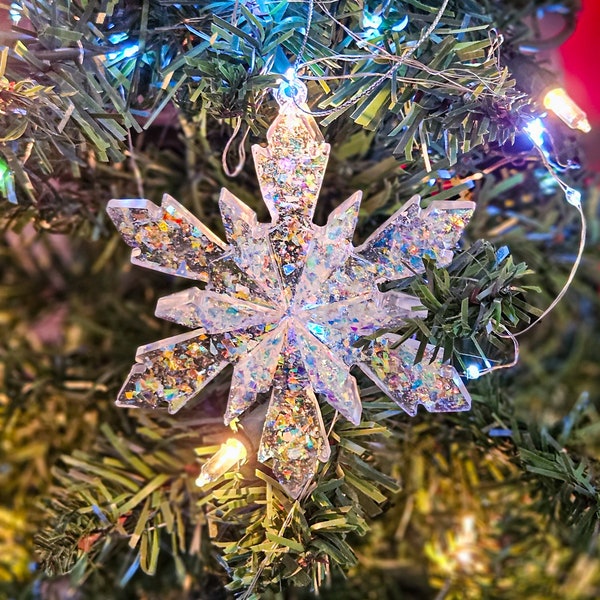 Sparkling Crystal Clear Resin Snowflake Ornament - Glitter & Holographic Magic! Snowflake Ornaments, holiday Ornaments. Frozen Snowflake 3