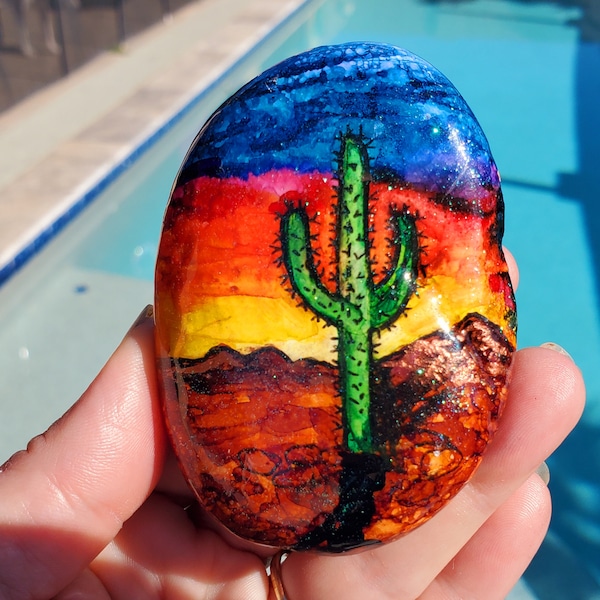 Sunset in The Arizona Desert #7/10, Hand Painted Rock, Free gift with purchase!