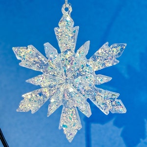 Handmade Glitter Resin Snowflake Ornament: Holographic Holiday Decor