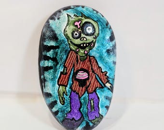 Hand-Painted Zombie Rock in 3D Floating Display: Halloween Decor