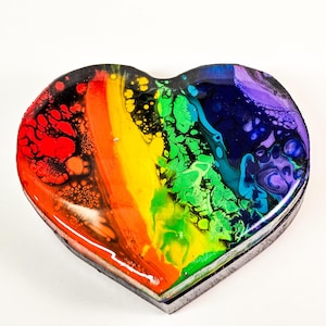 Rainbow Heart Jewelry Box: Fluid Art Resin Trinket Box