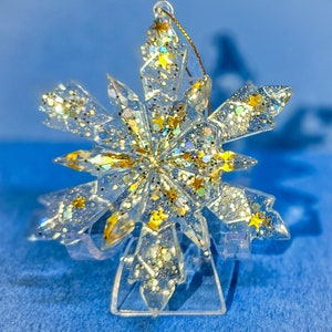 Handmade Resin Snowflake Ornament: Holographic Mylar & Gold Glitter Stars