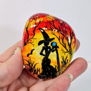 Hand-Painted Witch Rock Art: Color-Changing Crystal Staff, Halloween Decor