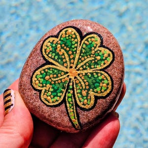 Hand-Painted Shamrock Rock Art: Metallic Gold, 3D Display Frame