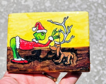 Hand-Painted Grinch and Max Art: Unique Christmas Decor in 3D Frame
