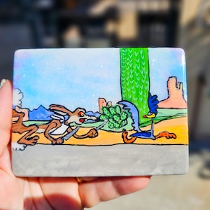 Hand-Painted Roadrunner & Wile E. Coyote Marble Art in Floating Frame