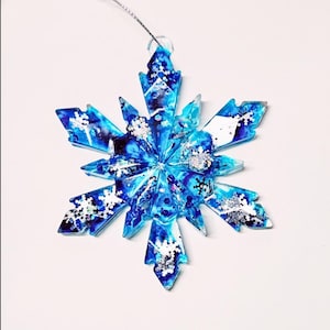 Handmade Blue Resin Snowflake Ornament: Glitter Holographic Winter Decor