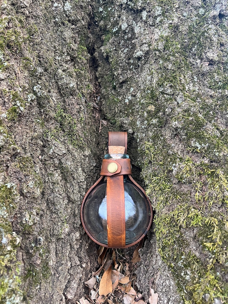 Puede incluir: Una botella de vidrio redonda con un tap&oacute;n de corcho est&aacute; envuelta en cuero marr&oacute;n con una hebilla de lat&oacute;n. La botella est&aacute; colgada de un tronco de &aacute;rbol.