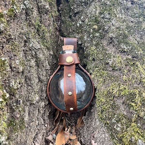 Puede incluir: Una botella redonda de vidrio con una envoltura de cuero marr&oacute;n y un tap&oacute;n de corcho. La botella est&aacute; enclavada en un tronco de &aacute;rbol.