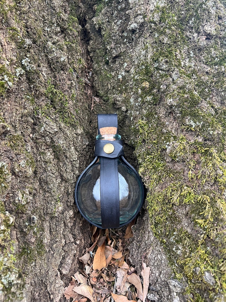 Puede incluir: Una peque&ntilde;a botella de vidrio transparente con un tap&oacute;n de corcho est&aacute; asegurada en un soporte de cuero negro. La botella est&aacute; enclavada en una grieta de un tronco de &aacute;rbol cubierto de musgo.