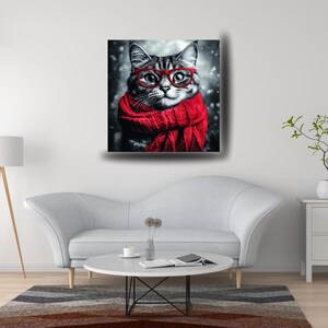 Affiche Murale en Toile | Illustration Unique de Chat avec Lunettes Rouges pour Décoration Murale