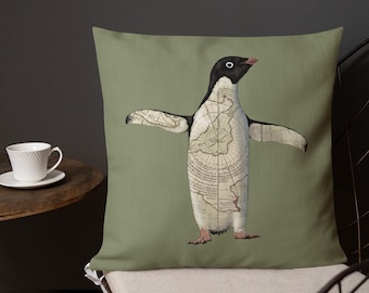 Adélie penguin Premium Pillow (green version) - Antarctic historical map cosy bird print pillow