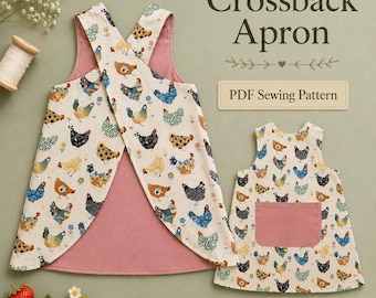May include: A crossback apron PDF sewing pattern featuring a cream-colored fabric with a multi-colored chicken and floral print, lined with solid dusty pink fabric. The apron has wide shoulder straps and a solid dusty pink rectangular front pocket.