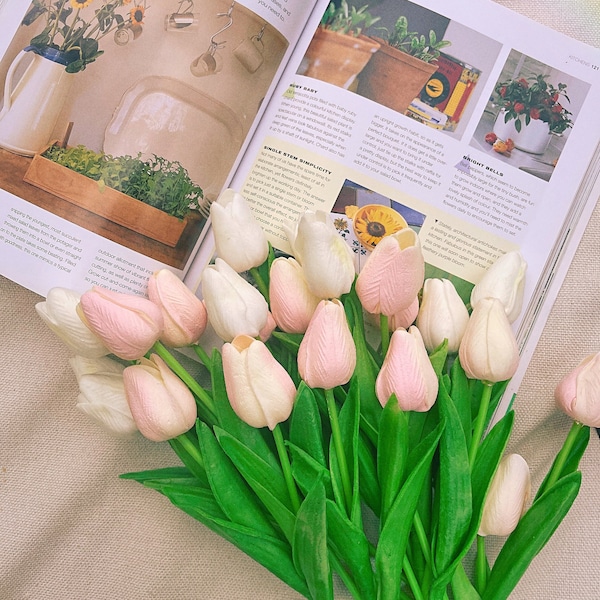 Tulipe artificielle | Vraie touche | Faux bouquet | Bouquet de tiges florales | Beige | Rose | Pêche
