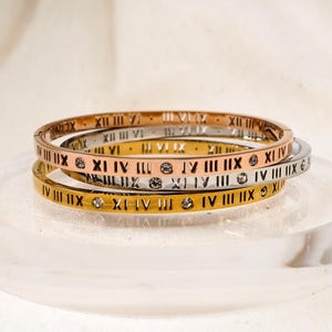 Bracelet en acier inoxydable plaqué or blanc, or et rose 18 carats, cristal de zircon, jonc chiffres romains, cadeau porte-bonheur, cadeau pour son amour, bracelet de luxe