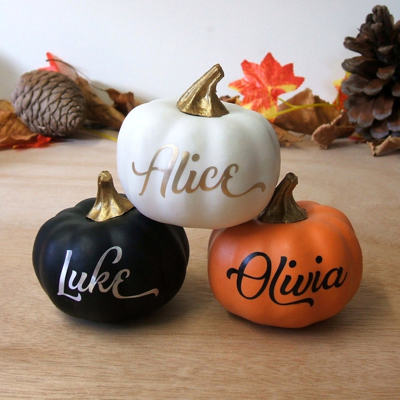 Personalised Little Pumpkin Halloween Decoration. Can be used as Wedding Table Place Setting, an Autumn Tiered Tray ornament. Perfect as an alternative Spooky gift.