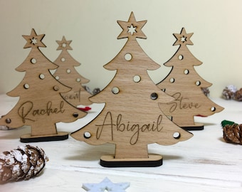 Personalised Christmas Tree Place Name Decoration, Custom Wooden Family Gift, Place Setting Ornament