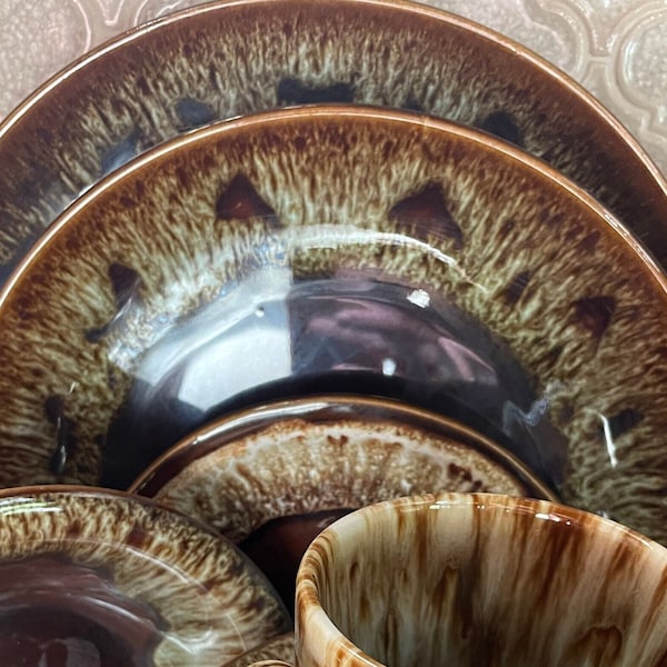 Vintage Harker Canonsburg  Rawhide Plates Bowls Serving Pieces Brown Drip Glazed Pottery