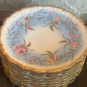Limoges (9) Gilded Floral Dessert Plates Antique