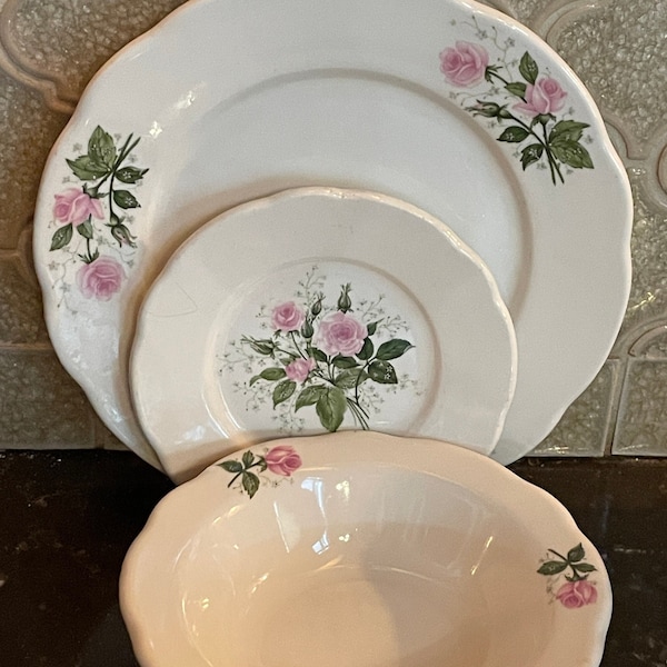 Vintage Buffalo China Luncheon Child Size Service Plate Bowl Side Plate Rose Pattern 009A 008A Restaurant Ware