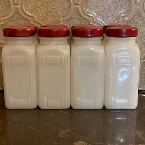 Spice Jars (8) Art Deco Milk Glass Spice Jars/Shakers with Original Metal Lids and Inserts Antique
