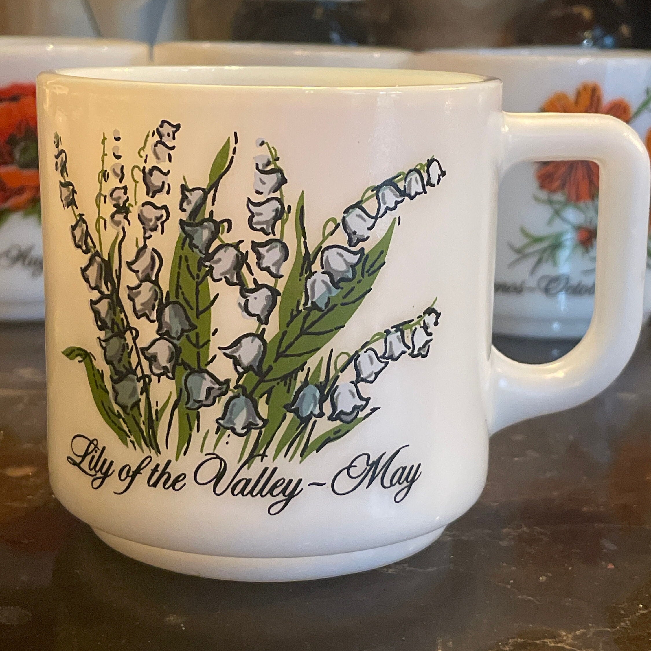 Brockway Flower of the Month Stackable Milk Glass Coffee Tea Mugs Full