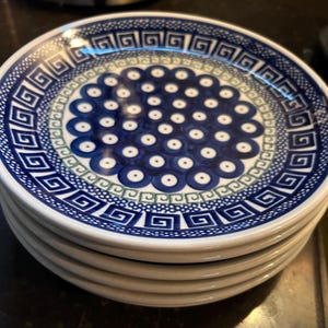 Vintage Boleslawiec Polish Pottery Butter Dish, Pedestal Compote Blue Floral Garland Pattern