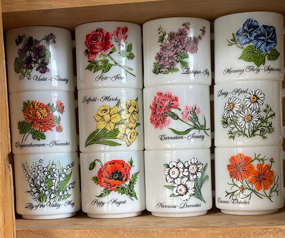 Brockway Flower of the Month Stackable Milk Glass Coffee Tea Mugs Full