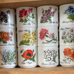 Vintage Brockway Flower of the Month Milk Glass Mug: Stackable Tea Coffee Cup