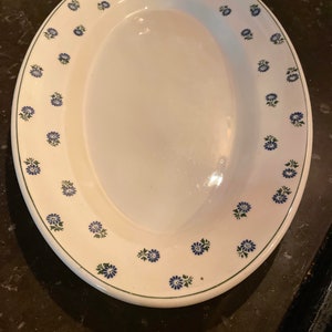 May include: White oval serving platter with a green and blue floral pattern around the edge.