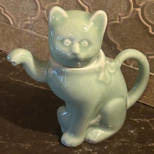 Celadon Glaze Lucky  Cat Teapot (Welcome Porcelain Statue)  Kitty Teapot Authentic Marking Vintage