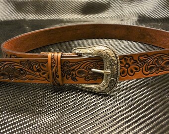 Hand tooled leather belt