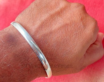 Mens Sterling Silver Bangle Bracelet, 4 mm Wide, Solid Silver Minimalist Handmade Jewelry, Simple Silver Bracelet for Him