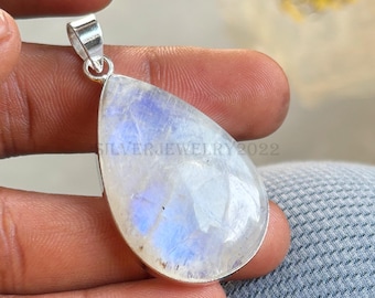 Large Moonstone Pendant, 925 Sterling Silver Teardrop Pendant, Rainbow Moonstone Handmade Chunky Pendant, Statement June Bithstone Jewelry