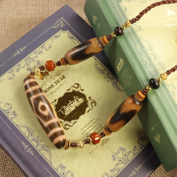 Man Made Stone Not Agate 2 x Tiger Tooth, 1 x Three Eyes Amulet Dzi Bead Necklace