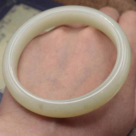 57/58cm Natural Nephrite Jade Bangle Bracelet - Pale Green Translucent Stone / Purple Grey Translucent Stone -Solid Bangle View 4