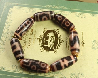 Tibetan Three Eye, Six Eye, Heaven and Earth, Nine Eye, Nectar Vessel, Tiger Tooth, Eight Eye Dzi Bead Bracelet