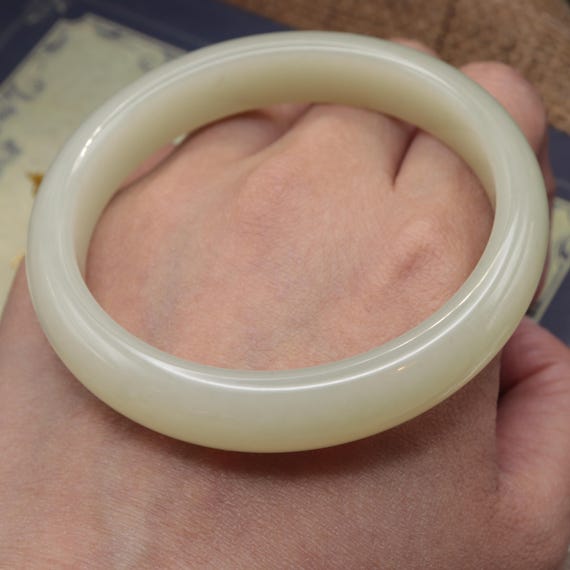 57/58cm Natural Nephrite Jade Bangle Bracelet - Pale Green Translucent Stone / Purple Grey Translucent Stone -Solid Bangle View 5