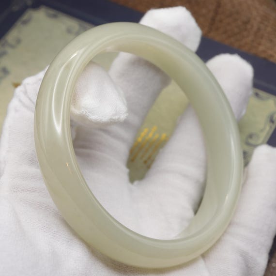 57/58cm Natural Nephrite Jade Bangle Bracelet - Pale Green Translucent Stone / Purple Grey Translucent Stone -Solid Bangle View 6