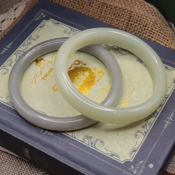 57/58cm Natural Nephrite Jade Bangle Bracelet - Pale Green Translucent Stone / Purple Grey Translucent Stone -Solid Bangle