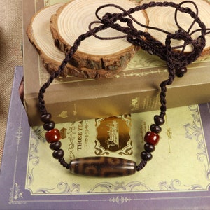Tibetan Six Eye Two Stripes Amulet Dzi Bead Necklace