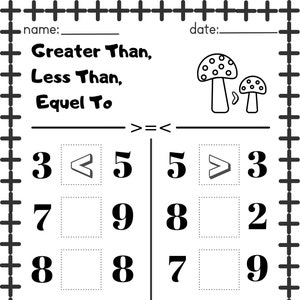 10 pages printable mats /greater than less than equel to/math worksheet.