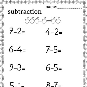 May include: A black and white worksheet with the word "subtraction" at the top. The worksheet has a series of subtraction problems with apples as the visual aid. The problems are: 7-2, 4-2, 6-4, 7-5, 9-3, 6-5, 5-1, 8-7, 6-5, and 2-1.