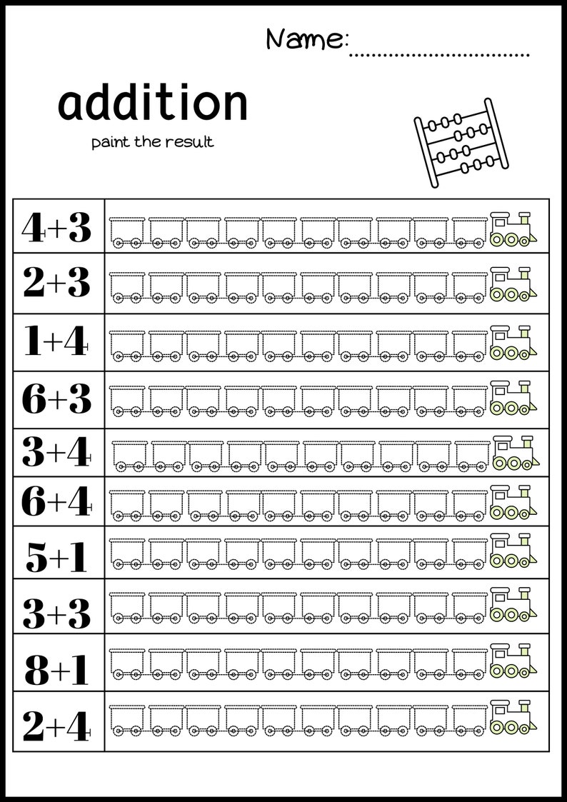 10 Pages Addition Printable Mats /digital Home Work/coloring Train ...