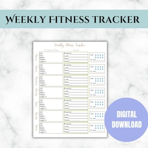 May include: A printable weekly fitness tracker with a light blue header that reads "WEEKLY FITNESS TRACKER." The tracker includes sections for workout plans, meals, water intake, and steps. A purple circle with "DIGITAL DOWNLOAD" is in the bottom right.