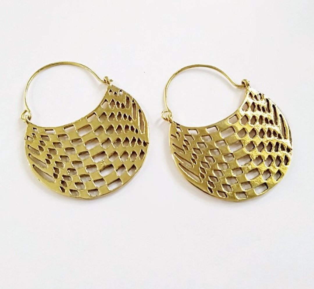 Crescent Moon Hoop Earring, Basket Weave Earring, Tribal Earring
