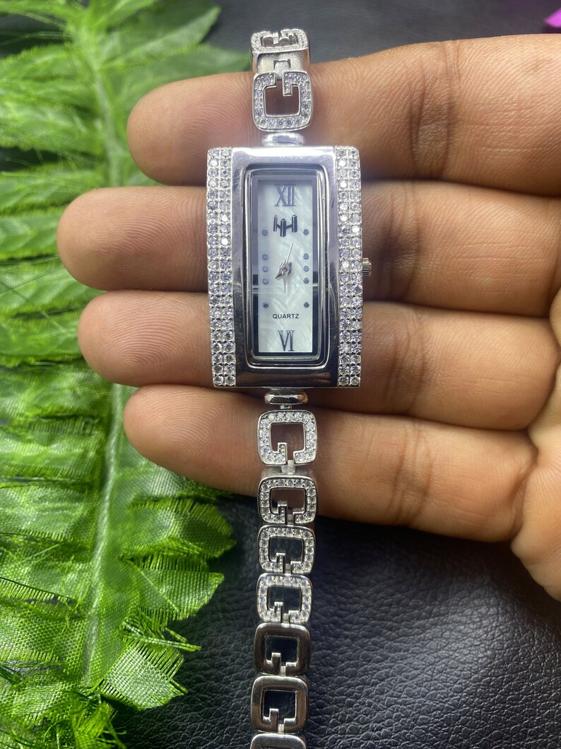 Silver Ladies Watch, Silver Women Wrist Watch Studded With Cubic Zirconia Unique Link Bracelet
