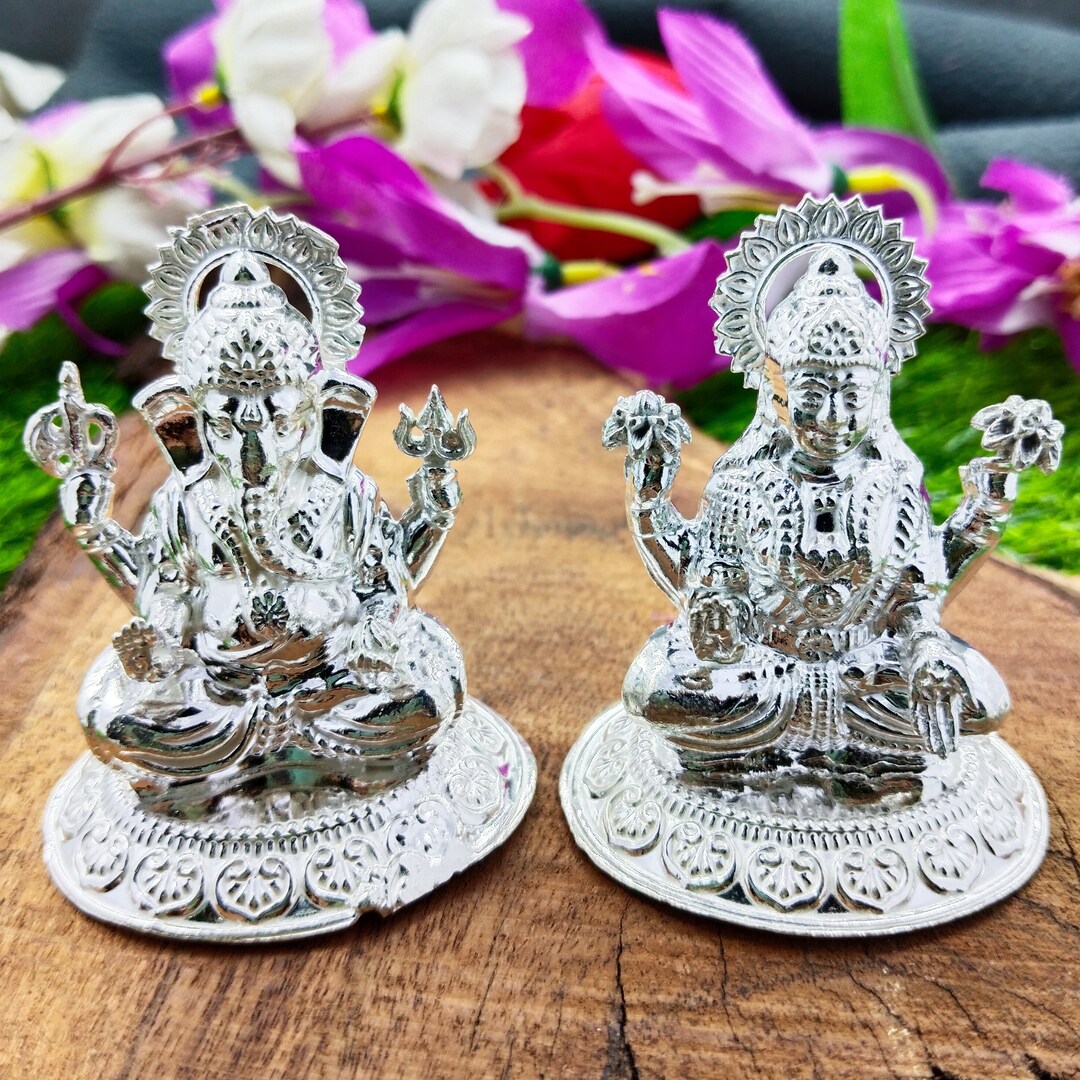 925 Silver Ganesh Laxmi Idols, Indian Goddess Laxmi Ganesh Statue
